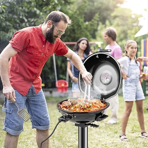 Miniatura 2 de HAPPYGRILL Parrilla eléctrica de 1600 W Parrilla de barbacoa al aire libre con rejilla de calentamiento para barbacoa de 15 porciones Parrilla
