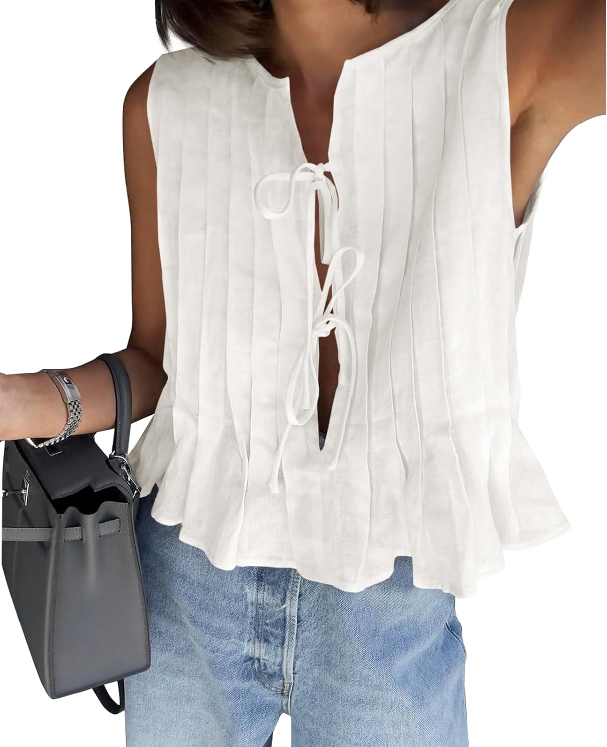 Cicy Bell Womens Bow Front Tie Tank Tops Pleated Babydoll Top Sleeveless Cute Coquette Shirt Summer Outfits