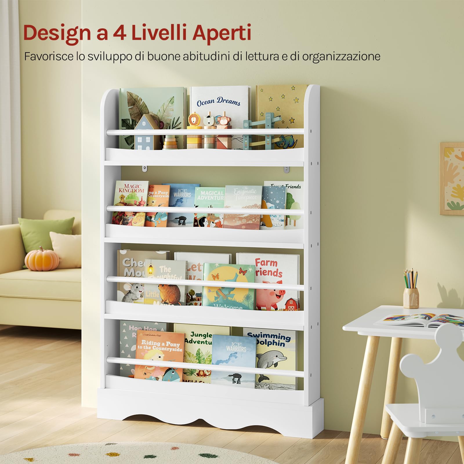 WOLTU Libreria Montessoriana per Bambini, Scaffale Porta Libri Salvaspazio a 4 Ripiani, Piccola Libreria a Muro in Legno, per Cameretta, Stanza dei Giochi, 80x12x118cm