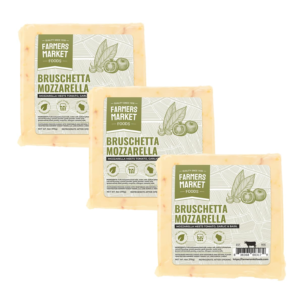 Farmers Market, Gluten Free, Keto, Paleo, Low Sodium, Zero Sugar, Wisconsin Cheese Gift Sets, 3-Pack, Bruschetta Mozzarella