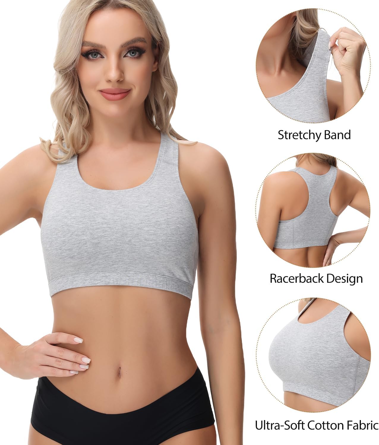 wirarpa Women's Bralette Cotton Racerback T-Back Bralettes Crop Top No Padding Light Support 3 Pack - Image 2