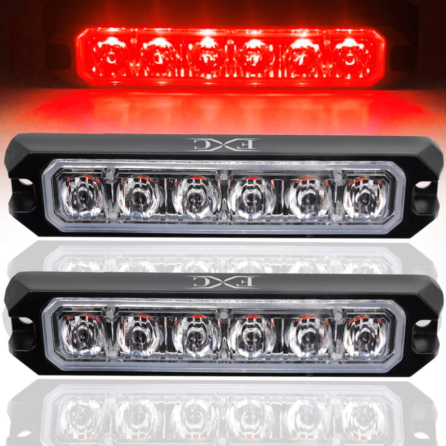 FXC 2pack 6-LED Strobe Light Red Waterproof Emergency Beacon Flash Lights,Purishion Caution Bar 16 Patterns Flashing Car SUV Pickup Truck Van Vehicle POV