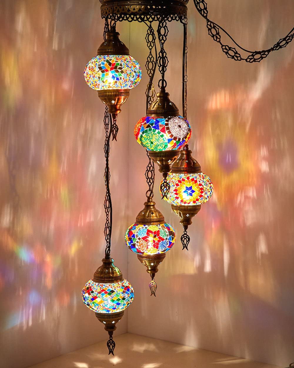 DEMMEX 3-Large 7'' Globes Turkish Moroccan Mosaic Plug-in Chandelier - Handmade Pendant Light with 15-ft Cord & Chain, Bohemian Ceiling Lamp for Living Room, Bedroom, Dining Room, 3.5 ft Brown-Amber