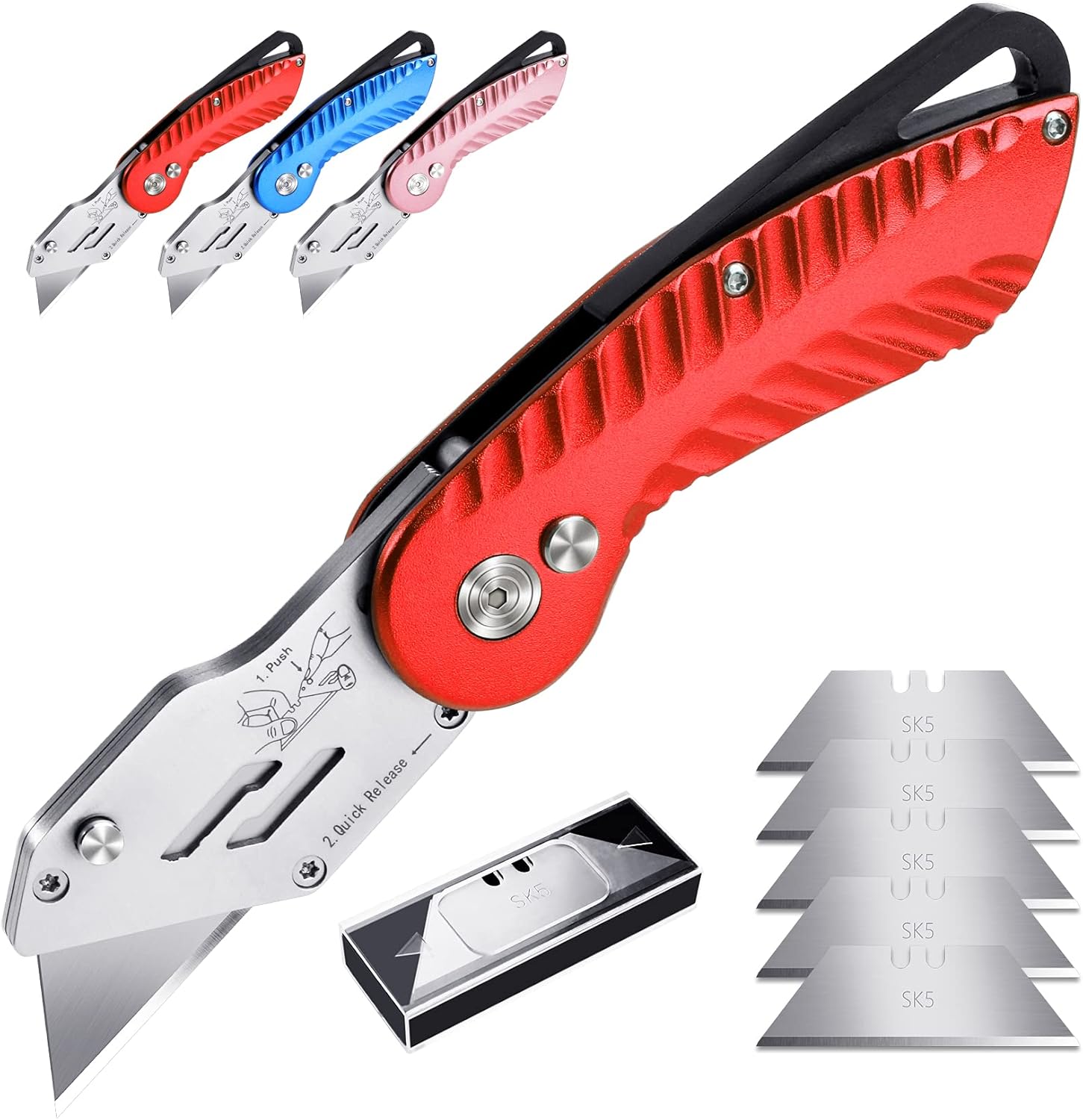 DIYSELF Knife Folding Utility Knife 1-Pack, Upgraded Heavy Duty Box Cutters for Carpet, Carton, Cardboard and Box, Extra 5Pcs Replacement Box Cutter Blades Included (Red) - - 