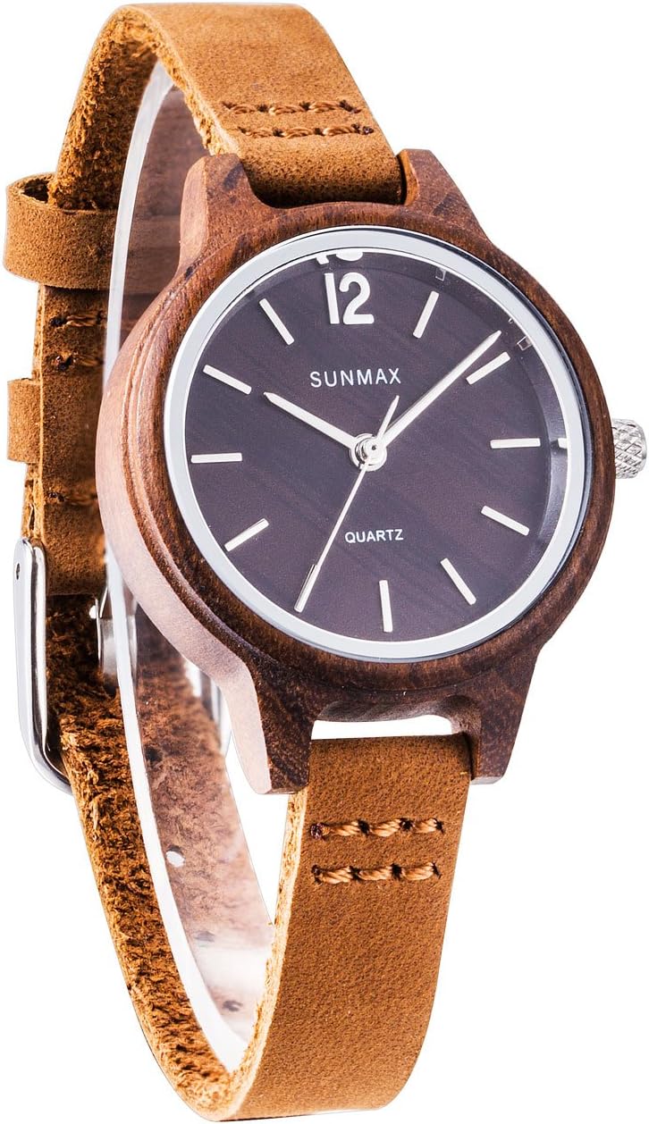 SunMax Wooden Watches for Women's Girl Friend Ebony Wood Series/Dial 30mm/Leather Strap/Wood Bezel/Analog Quartz Movement-Bamboo Wrist Watch Gift Box