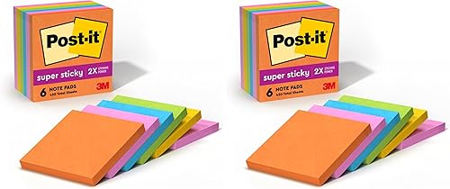 Post-it Notas súper adhesivas, 3 x 3 pulgadas, 6 blocs, 2 veces más poder adherente, colección Energy Boost, colores brillantes (naranja, rosa,