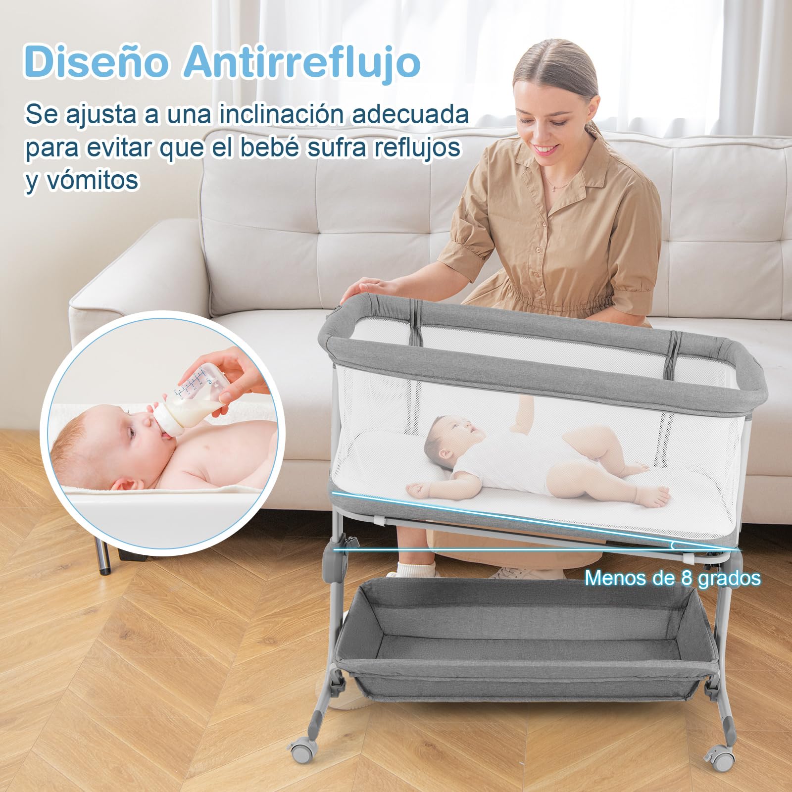 COSTWAY Cuna Colecho, Mini Cuna para Bebe con Altura Ajustable de 6 Niveles, Estante, Ruedas Bloqueables, Colchón y Bolsa de Transporte (Gris Ligero)