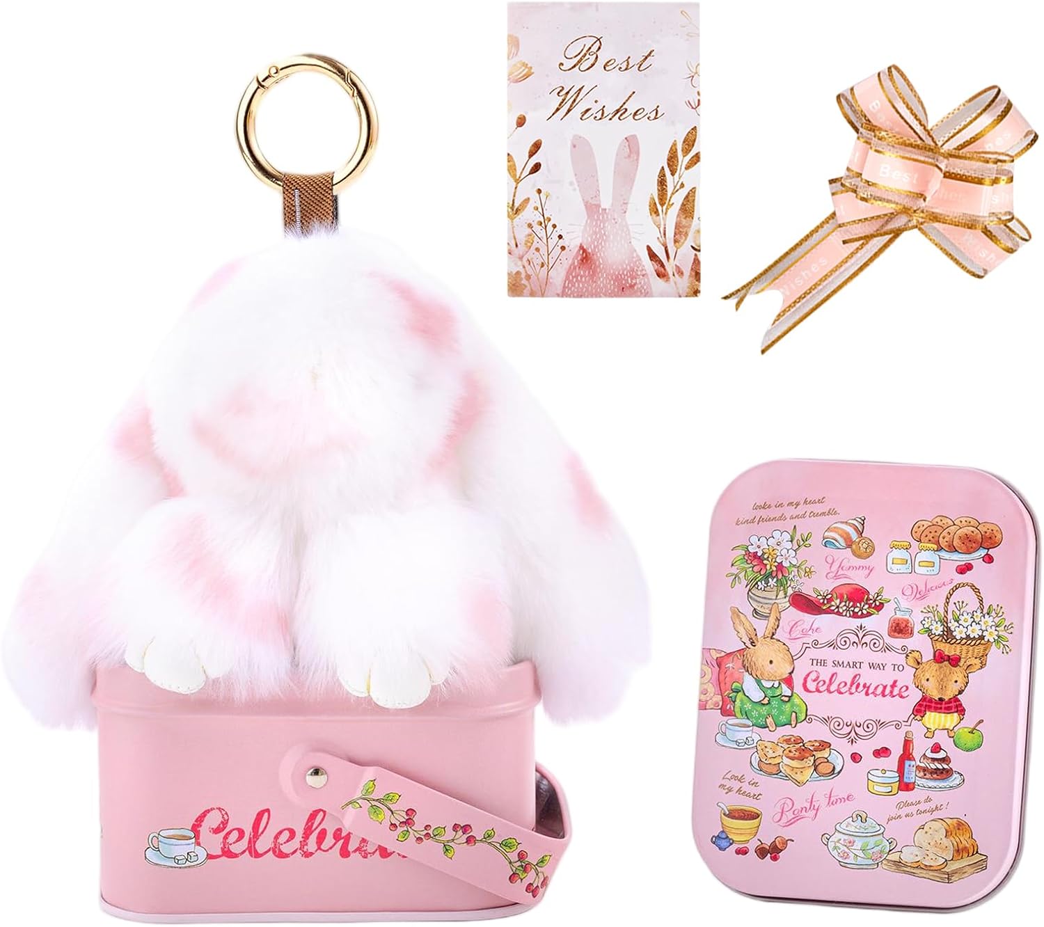Bunny Keychain with Tin Box Soft Fluffy Handmade Rabbit Keychain with Best Wishes Card & Ribbon Bag Charm