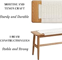 Vista 7 de Banco de comedor de madera, roble macizo 100% natural con diseño de ratán, borde redondeado, banco para entrada, comedor, dormitorio, sala de estar