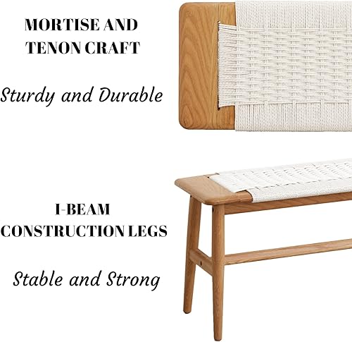 Miniatura 7 de Banco de comedor de madera, roble macizo 100% natural con diseño de ratán, borde redondeado, banco para entrada, comedor, dormitorio, sala de estar