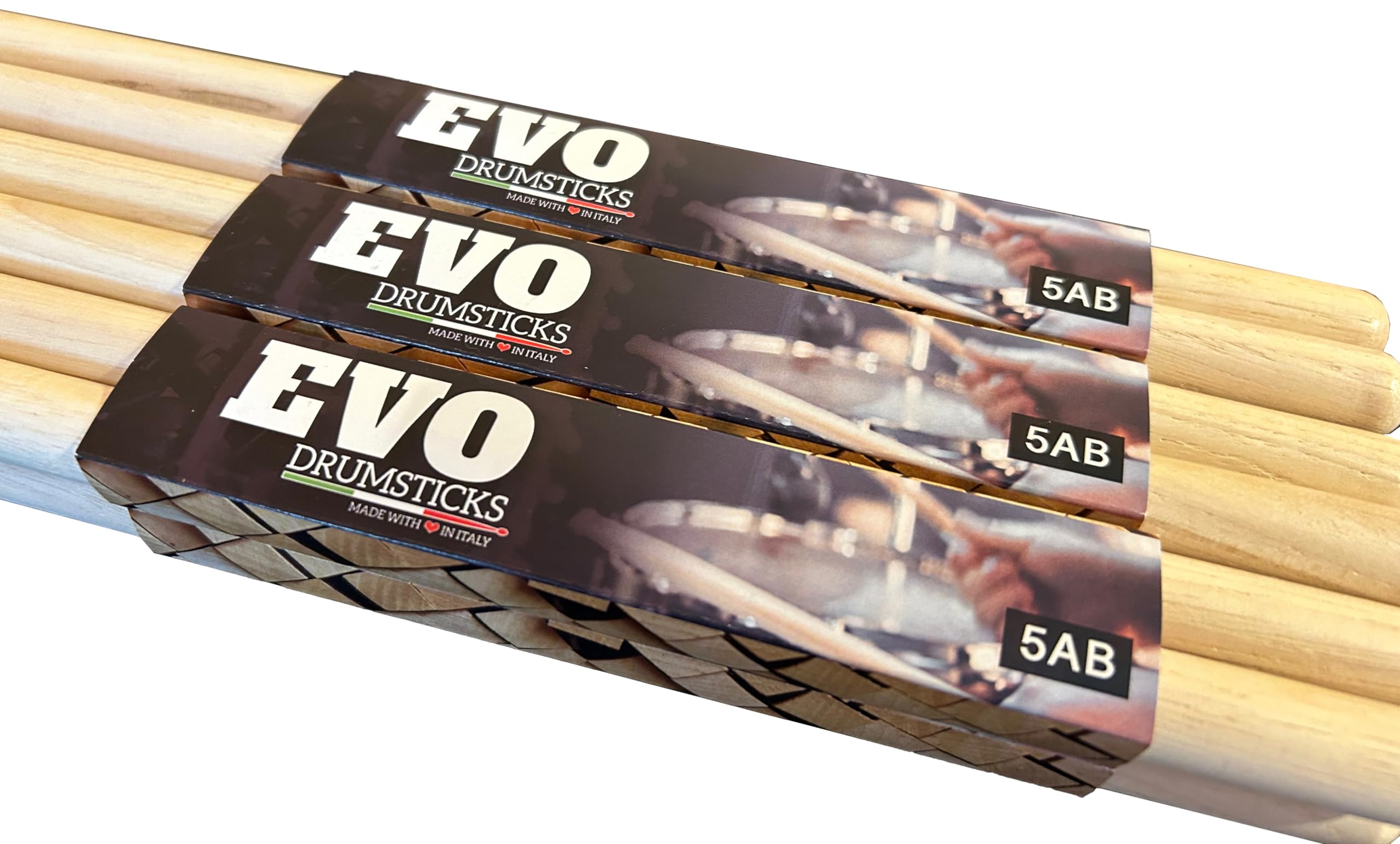 Bacchette per batteria professionali modello 5AB in hickory, noce americano con punta in legno, punta a ghianda, legno a stagionatura naturale, made in Italy - 6 pair pack