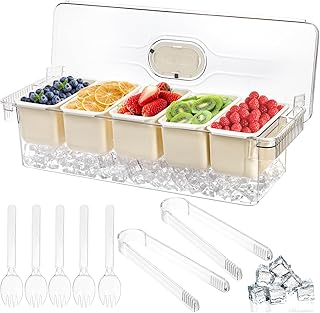 Jucoan Large Ice Chilled Condiment Server with Lid, 5 Compartment Chilled Condiment Caddy, Taco Bar Serving Tray, Garnish Tray for Bartenders Mimosa Taco Salad Bar, 2 Tongs, 5 Forks