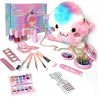 DDMA Kids Makeup Set for Girls, Washable Cosmetics Kit with Plush Bag, Nontoxic Cosmetics Kit Toys Pretend Play Makeup Beauty Toys Gift Birthday Gift