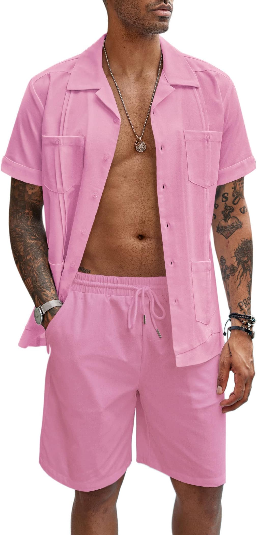 COOFANDYMen's 2 Pieces Guayabera Shirts Set Casual Linen Short Sleeve Button Down Shirts and Shorts Outfits