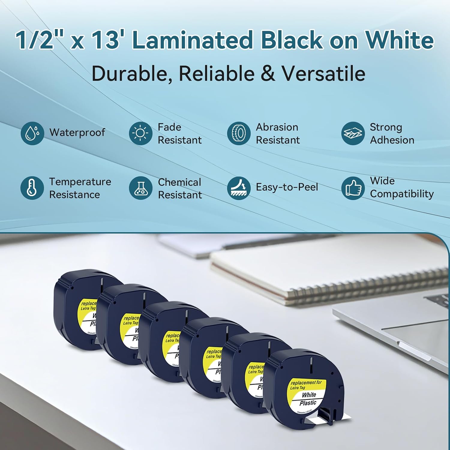Replacement for Dymo LetraTag Refills 91331 - Dymo Letra Tag Label Maker Refill - Black on White Plastic Label Tape 1/2" x 13’ for LT-100H, LT-100T Plus, LT-200B, QX50 (6 Pack)