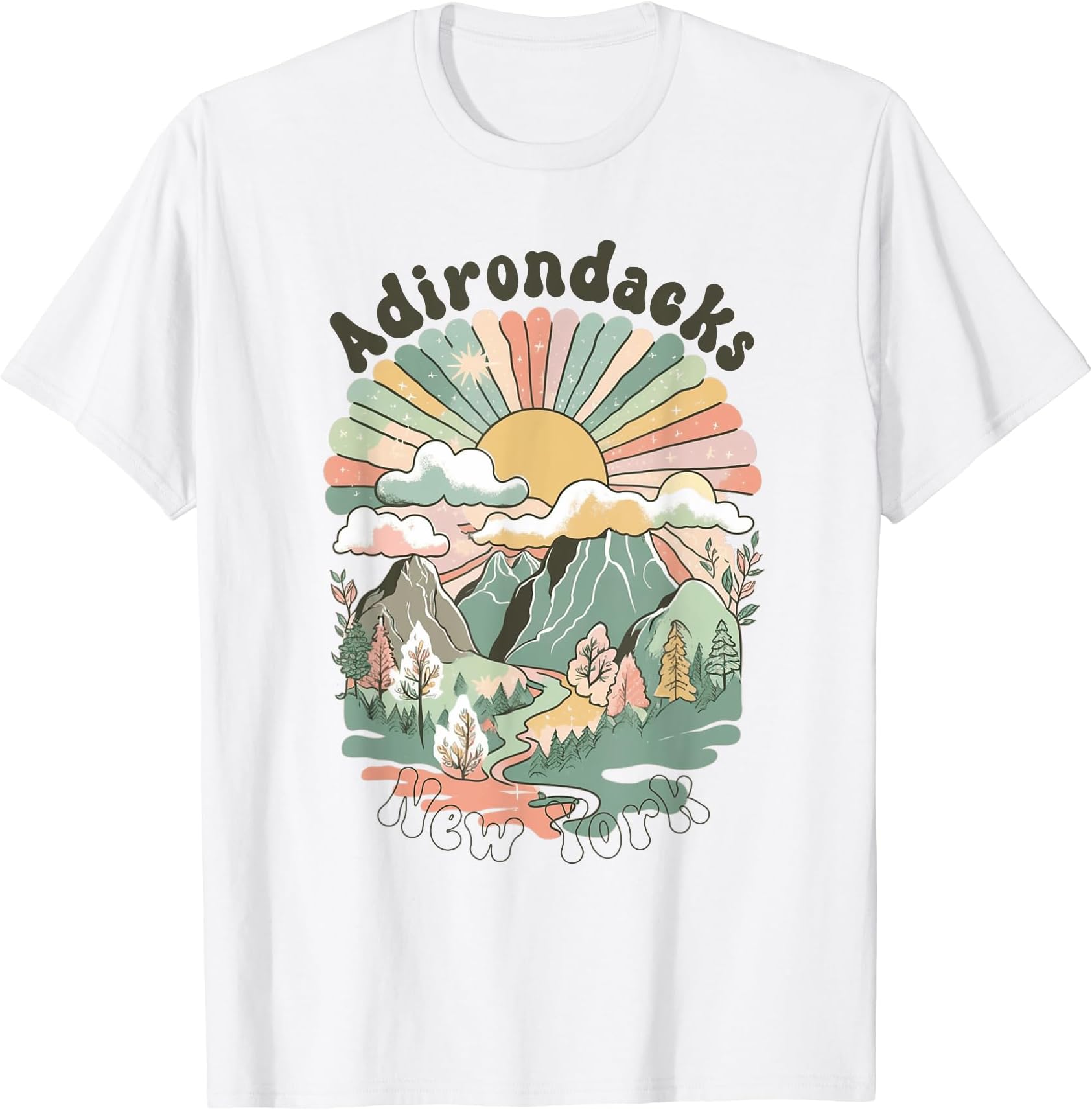 Vintage Mountains Apparel & GiftsVintage Adirondacks New York Mountains Hiking Sunset Groovy T-Shirt