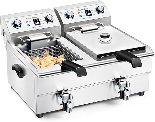 Miniatura 1 de Freidora eléctrica comercial con canasta, temperatura y tiempo ajustables para pollo frito, papas fritas, alas, 110 V, 2000 W x 2 (2.65 galx2)