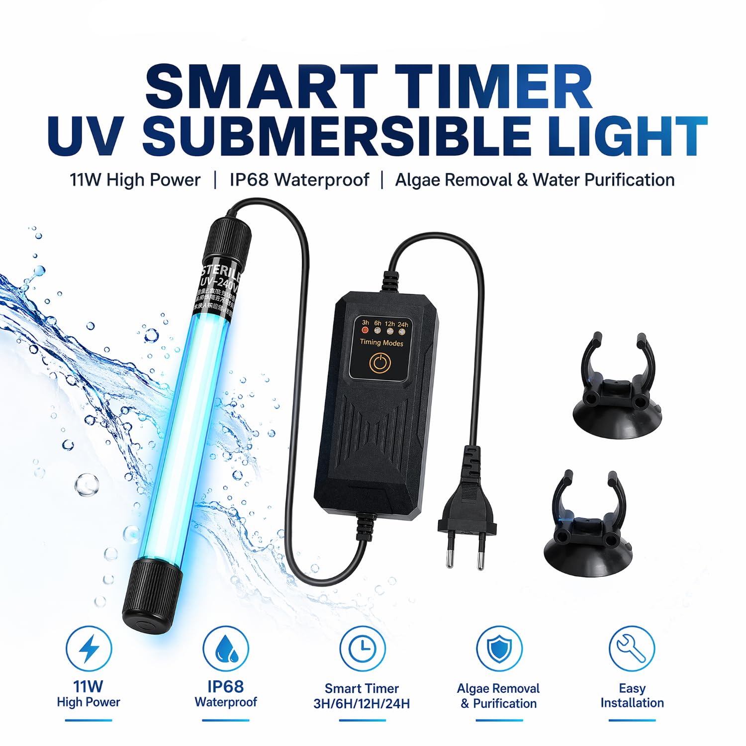 Sommergibile Lampada UV Luce 11W UV Sterilizzatore Chiarificatore Acquario, con Timer