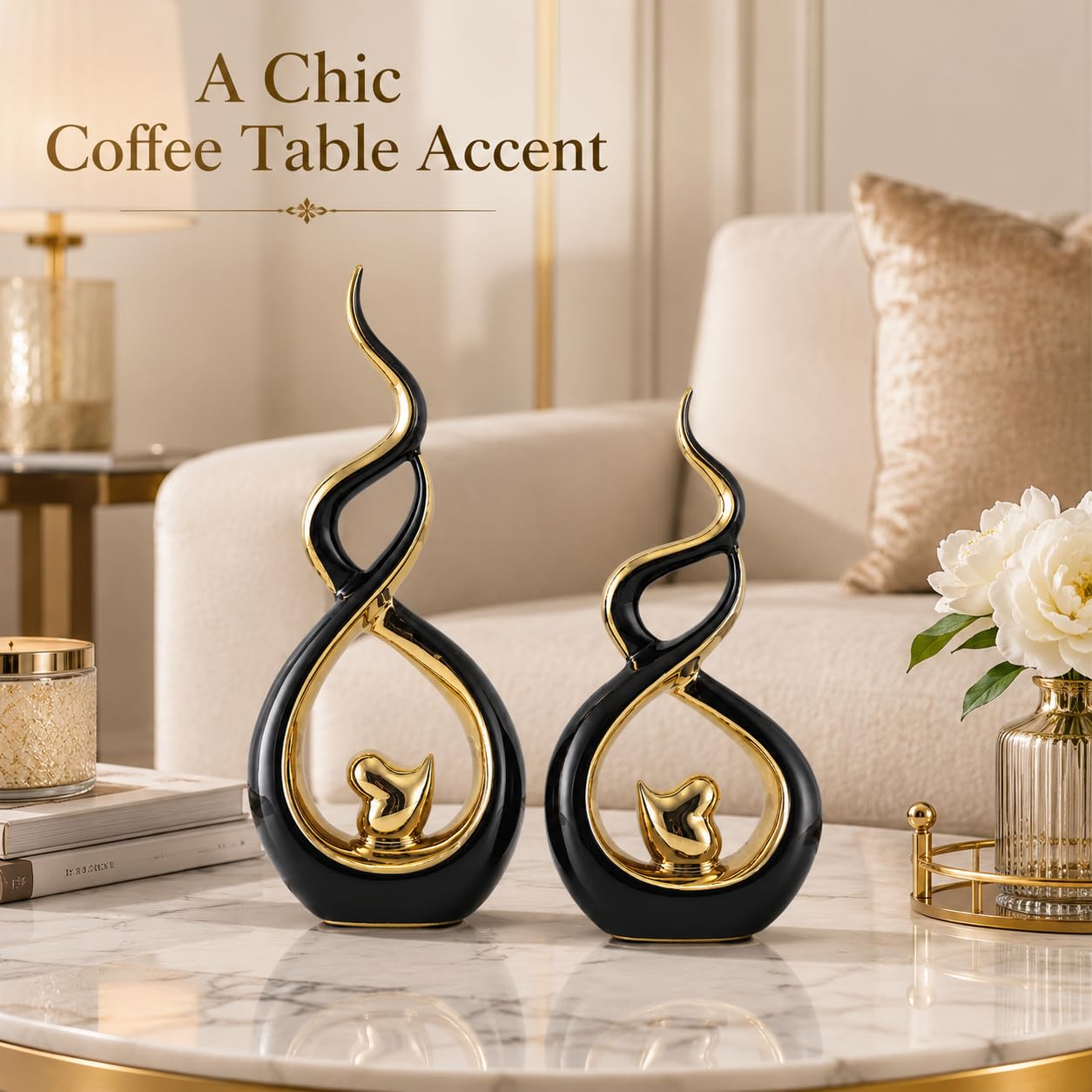Escultura de cerámica abstracta de corazón negro y dorado, decoración moderna de mediados de siglo con figura de pájaro y acento dorado, centro de mesa para consola de repisa, sala de estar