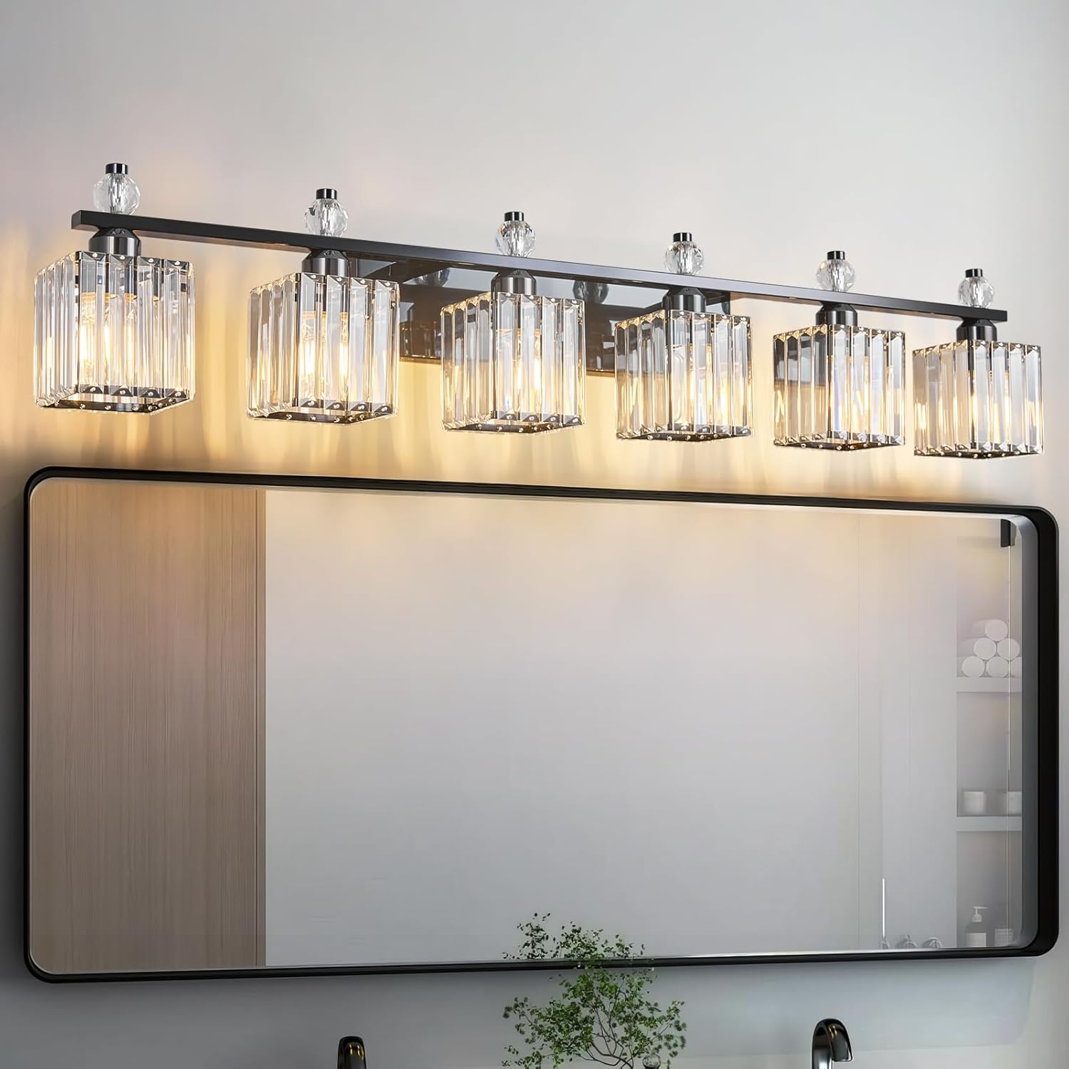 Vanity Lights 6-Light Modern Crystal Vanity Light Plating Black Bathroom Light Fixtures Over Mirror Crystal Bathroom Vanity Lighting Fixtures Plating Black Square 6-Light