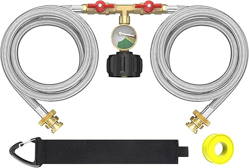 Manguera adaptadora de propano de 2 vías mejorada de 5 pies, manguera divisora en Y trenzada de acero inoxidable, convertidor de 1 lb a 20 lb con