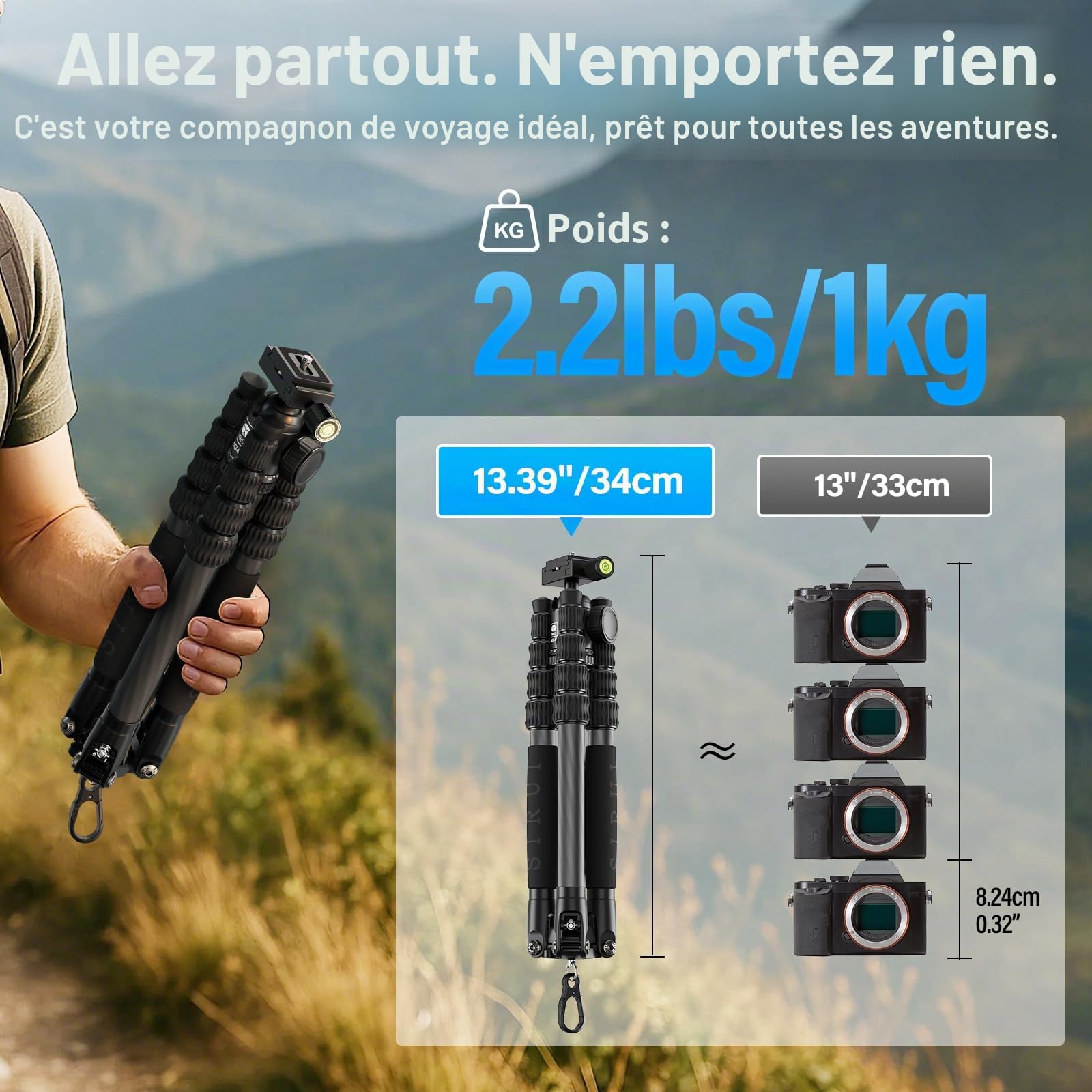 SIRUI Trépied de Voyage, 55.1‘’ Trépied Compact et léger en Fibre de Carbone avec Rotule Panoramique 360° pour Appareils Photo, Plaque QR, Colonne Centrale Amovible, Charge Jusqu'à 10kg, AM-5C