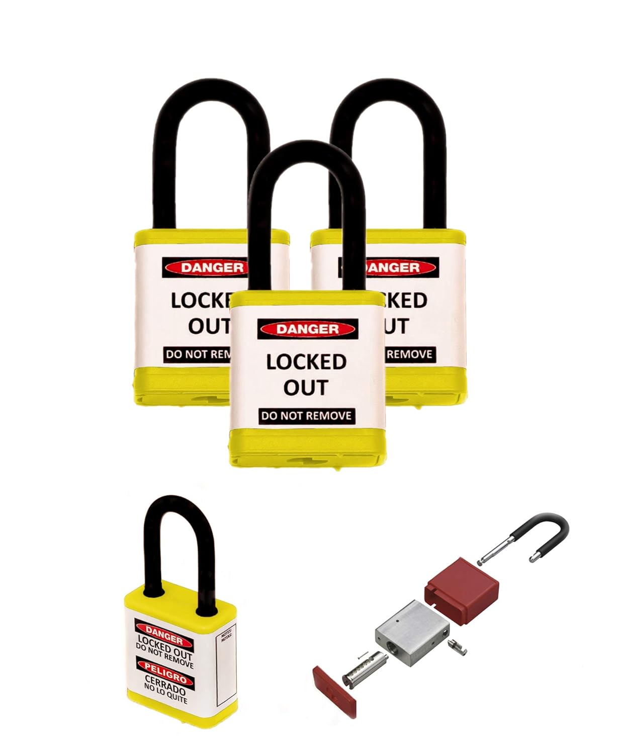 Zing Safety Padlock, Keyed Alike, Yellow, 1.5" Shackle, 3-Pack