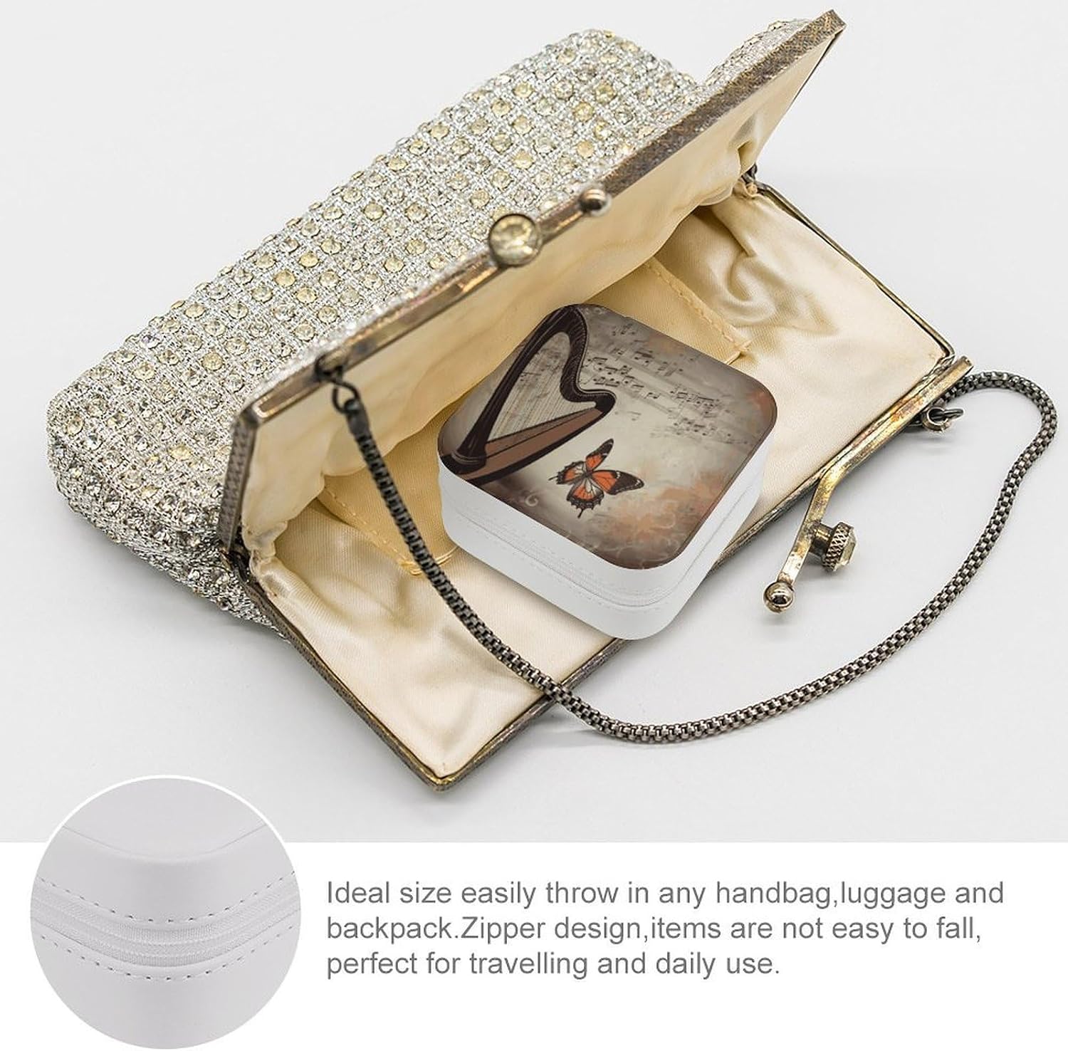 Music Background with Harp And Butterfly Jewelry Box Portable , Jewelry Organizers And Storage Case, Jewelry Storage for Rings, Bracelets, Earring Holder Organizer Storage for Travel Essentials image 3