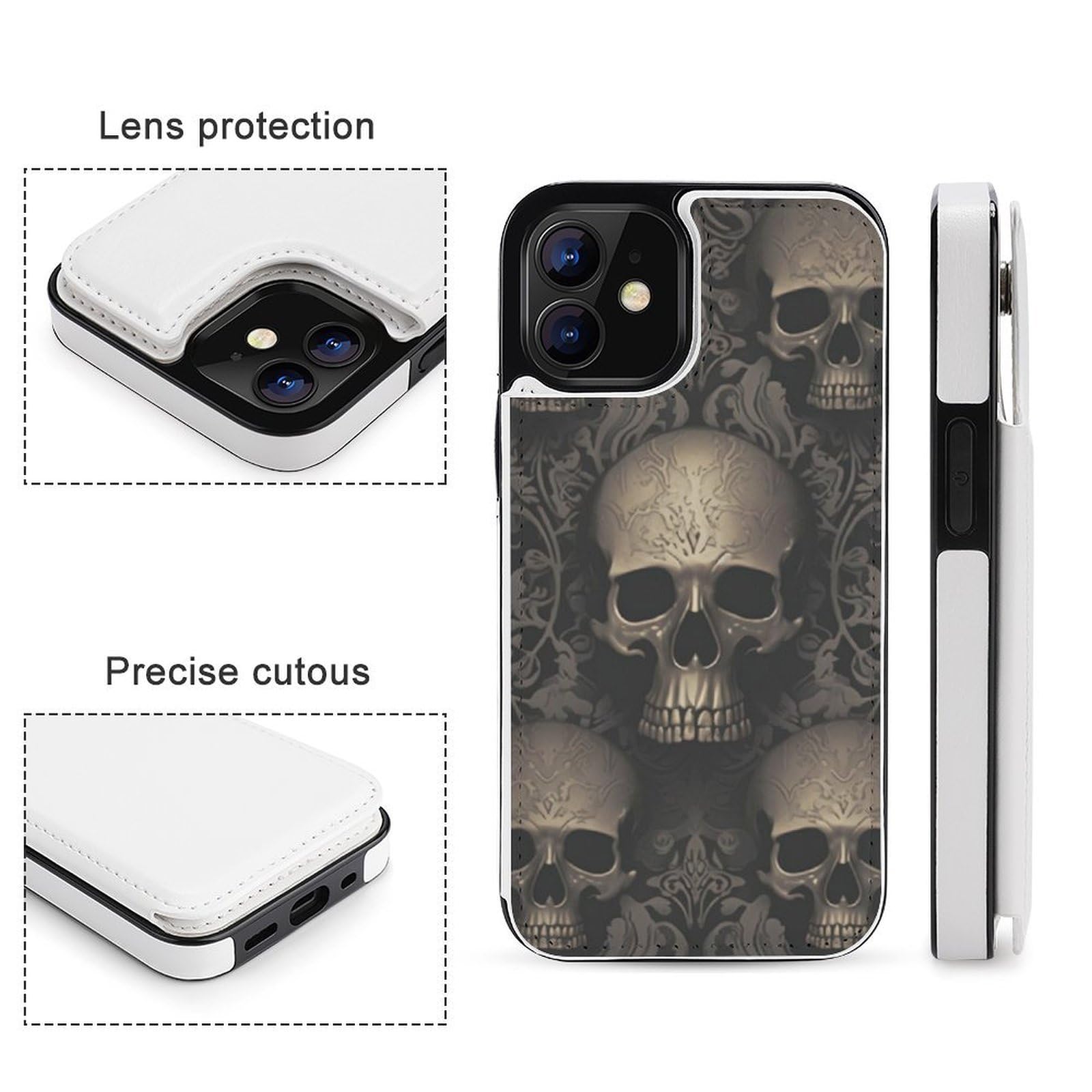 Fundas tipo cartera para iPhone 12, papel pintado gótico, estampado de calaveras, funda de piel con ranuras para tarjetas