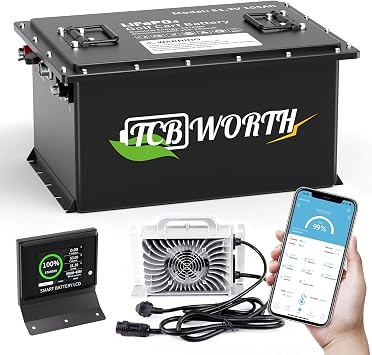 48V Lithium Battery Golf Cart 105Ah LiFPO4 Batteries, 4000+ Deep Cycle, Grade A Cells, with 200A Smart BMS, Touch Monitor & Mobile App, 20A charger, Perfect for Golf Carts, Boat, Solar