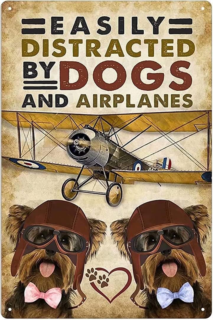 Bonoff Plaque#A1253 Easily Distracted By Dogs And Planes. Old Kitchen Pub Funny Wall Art Decor Metal Sign Poster 8X12 Inches