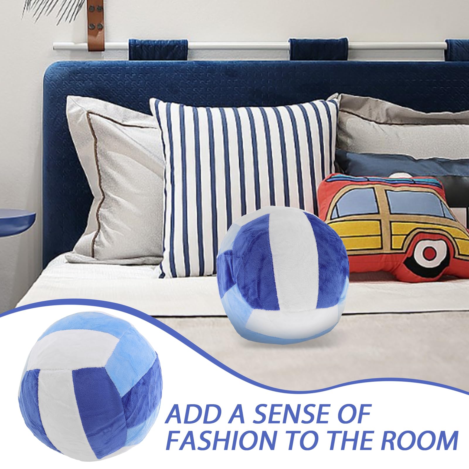 LUOZZY Plush Volleyball Cartoon Volleyball Shaped Pillow High Realism Volleyball Shaped Throw Pillow for Home Office Sofa Decoration - Blue & White