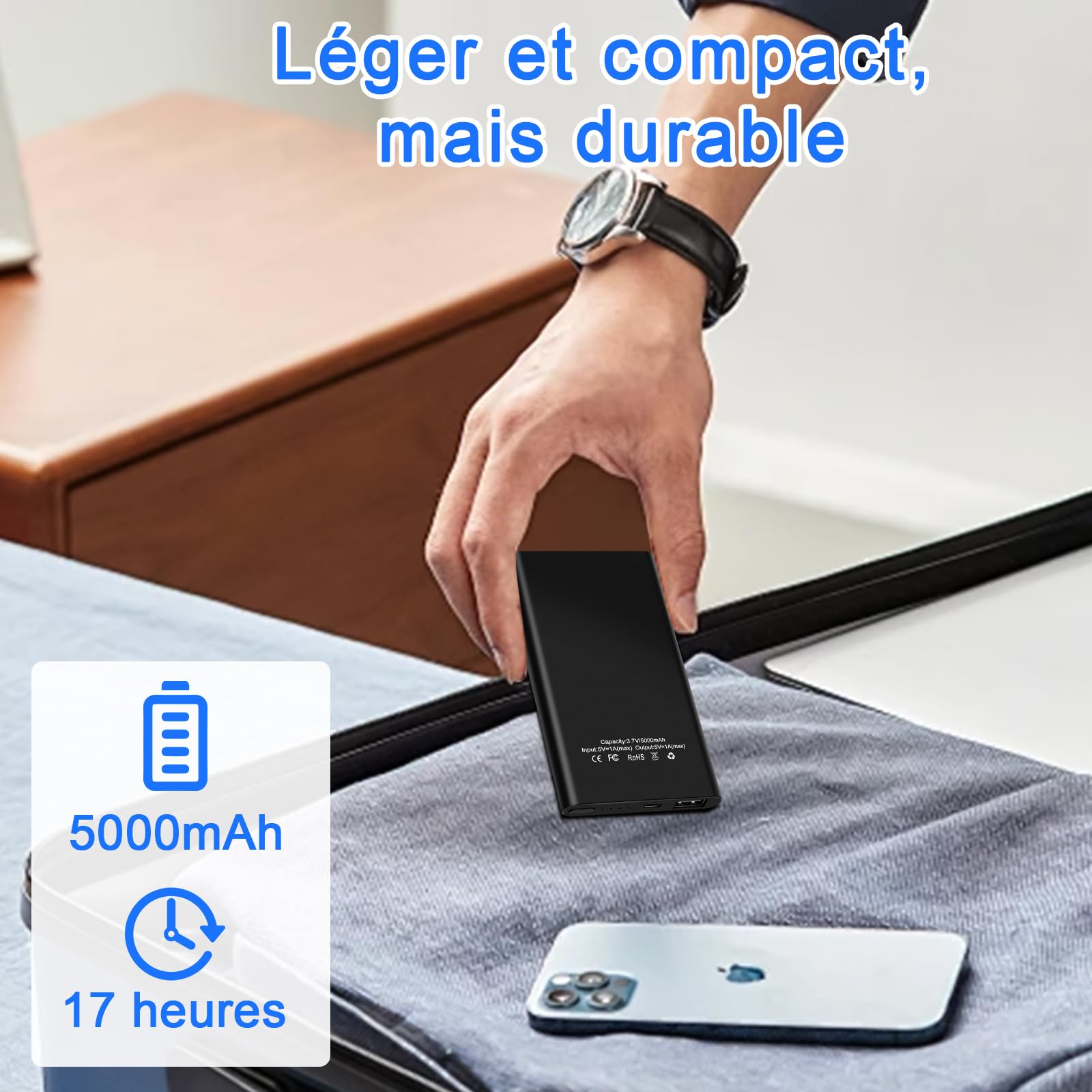 Mobile Power Bank avec Caméra, Caméra Cachée Espion HD 1080P, Mini Caméras Espion Invisible 5000mAh, Micro Camera de Surveillance Spy cam avec Vision Nocturne pour la Maison, Le Bureau, etc.