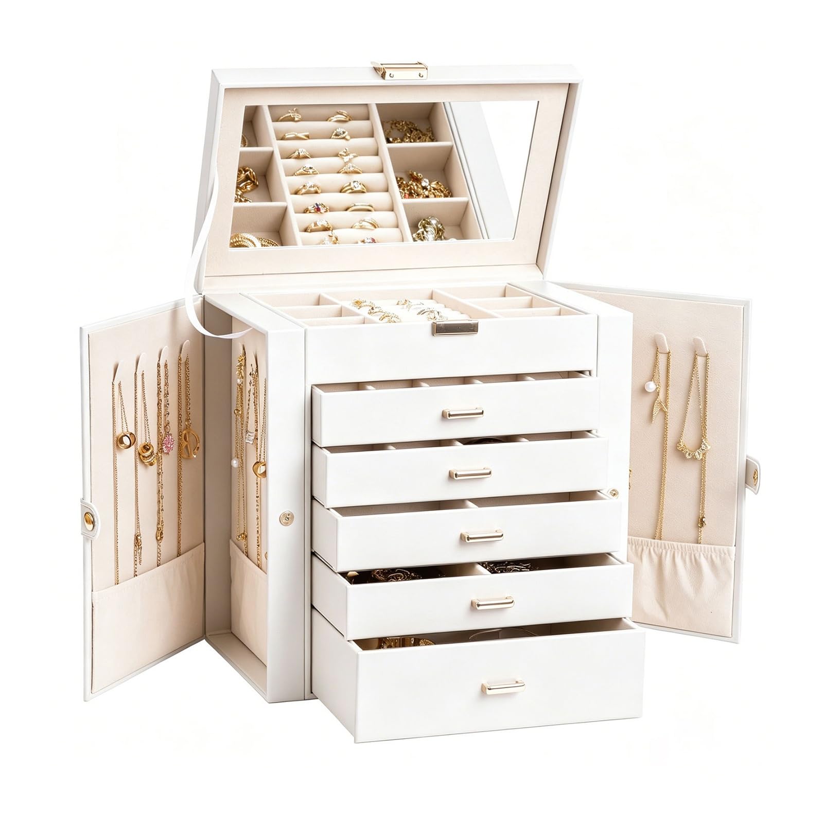 SDFSDE 6-Layer Jewelry Box Organizer Storage Case With 5 Drawers And Mirror For Necklace, Watches, Rings, Earrings, Bracelets, Glass