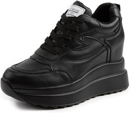 AONEGOLD Wedge Trainers for Women High Platform Chunky Leather Trainers Lace Up Hidden Wedge Heel Trainers 10CM
