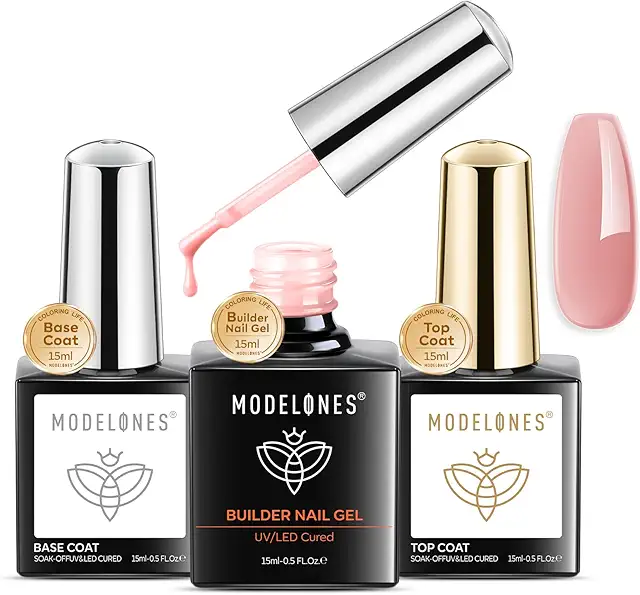 Modelones Pink Brown Builder Gel Set: Base, Top Coat & Nail Strengthener