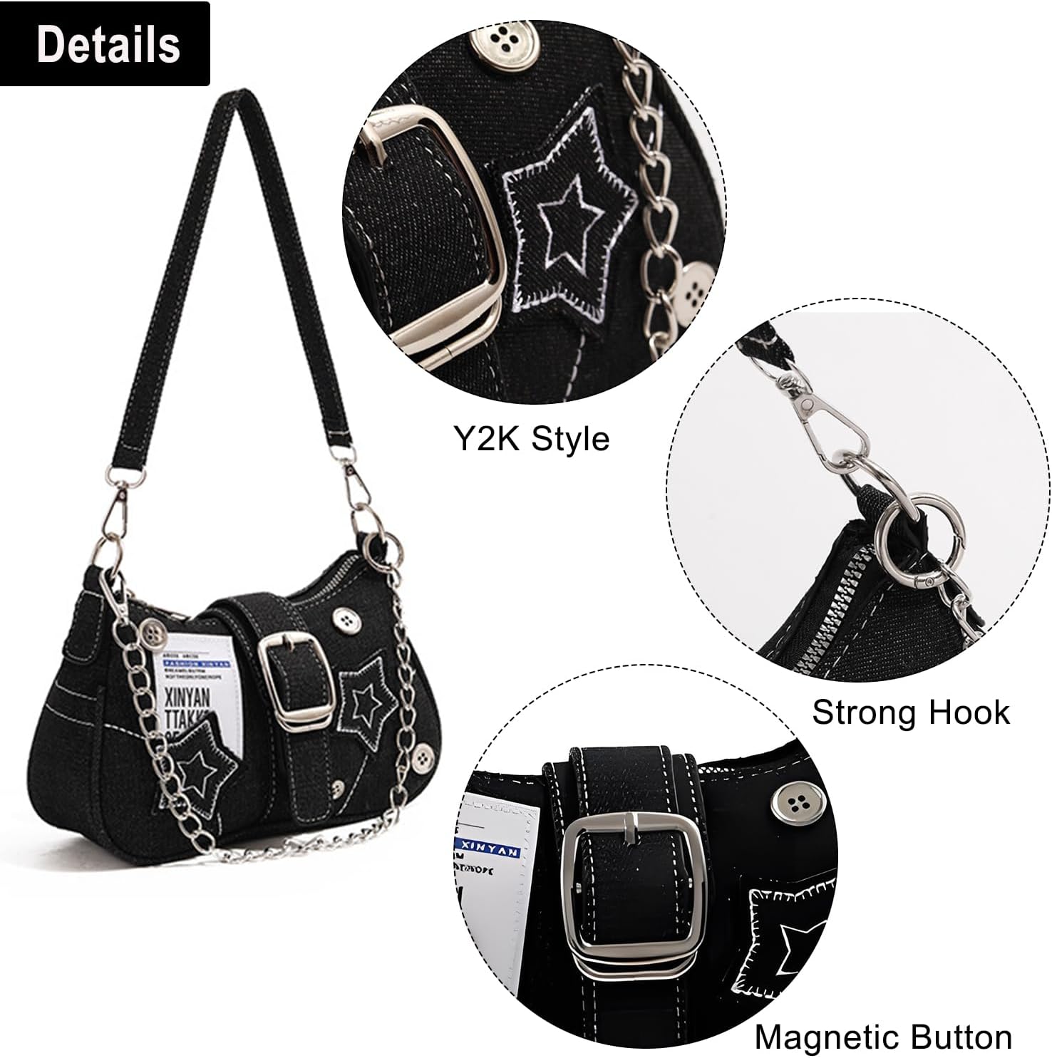 Grunge Shoulder Bag Fairy Grunge Hobo Bag Denim Chain Y2K Purses Crossbody Bag for Women - Image 6
