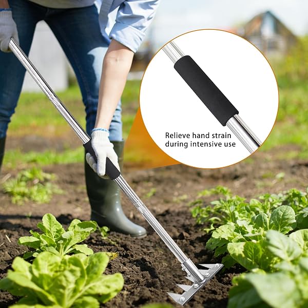 Râteau de jardin avec manche métallique de 1,2 m, râteau de jardin polyvalent, outil de désherbage, extracteur d'herbe portable pour la cour et le jardin, pour le désherbage/le travail du sol/le semis - 5