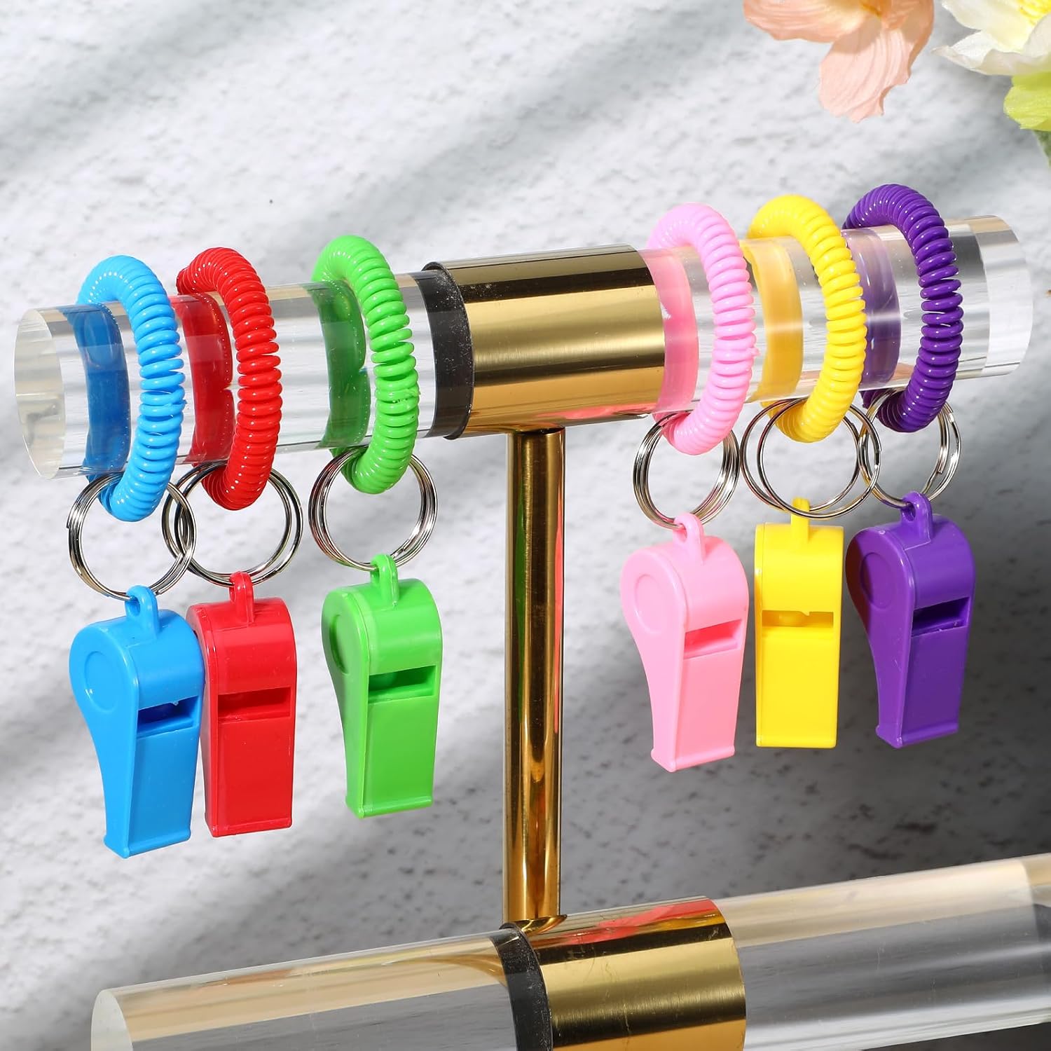 48 PCS Loud Plastic Whistles with Stretchable Coil Wrist & Keychain Ring | 6 Colors Sport Whistle with Bracelet for Coaches, Referees, Teachers, Birthday Party Favors, Emergency Training & Giveaway