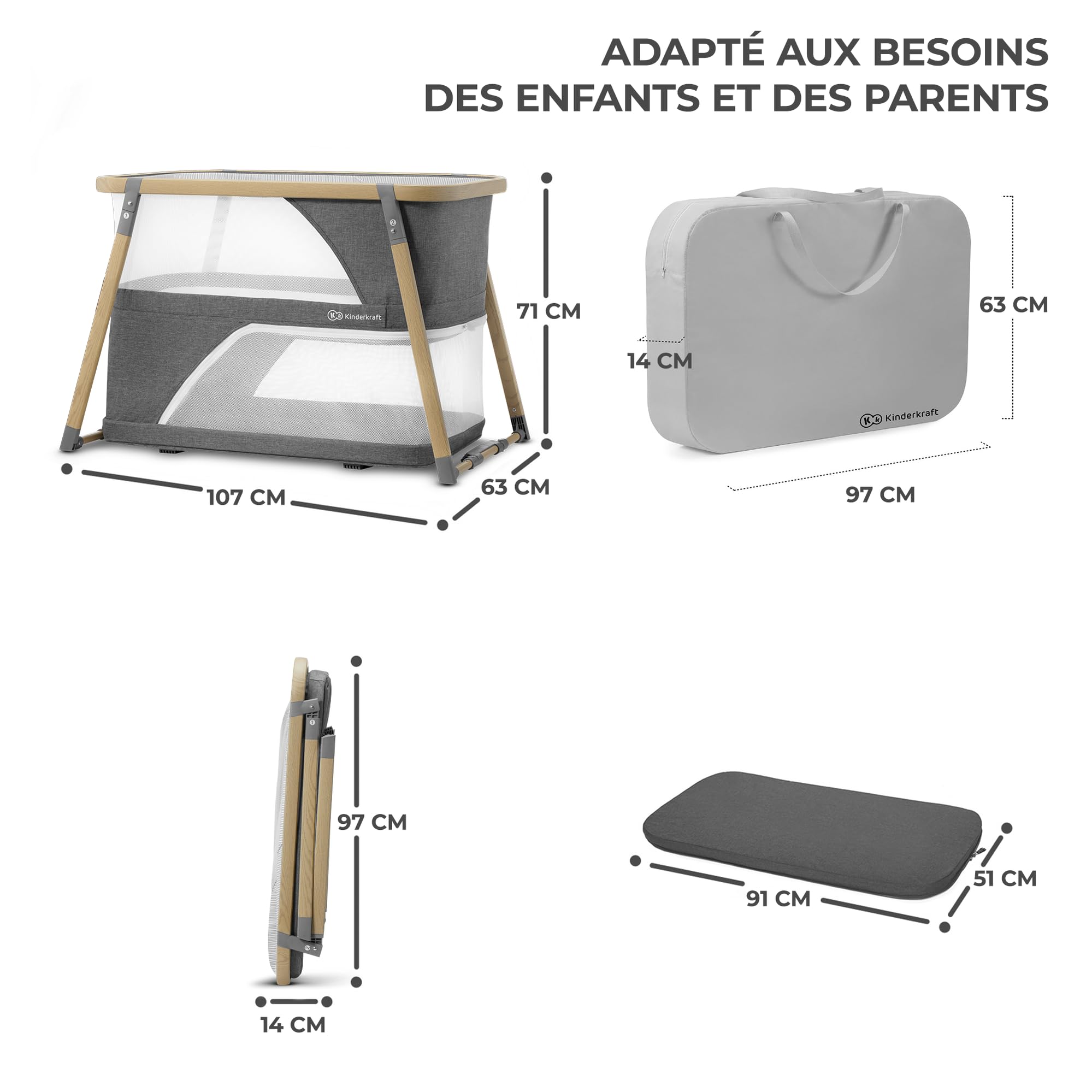 KINDERKRAFT Lit Bébé Sofi, 4en1, Parapluie, Parc Bébé, Voyage, Gris, 1 Unité