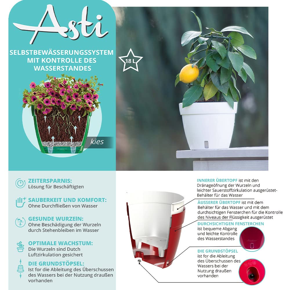 Santino ASTI - Set di 3 vasi autoirriganti da 34 cm con indicatore del livello dell'acqua per piante, fiori, erbe aromatiche (Ø 34 cm, H 28 cm, 18L - RED-Pearl/Bianco)