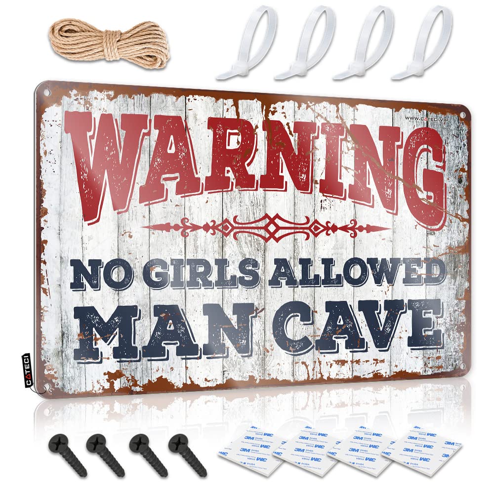 STWNVOITV Metal Vintage Signs Warning! Man Cave No Girls Allowed Sign Funny Signs Metal Funny Metal Signs Decor(30X40CM)