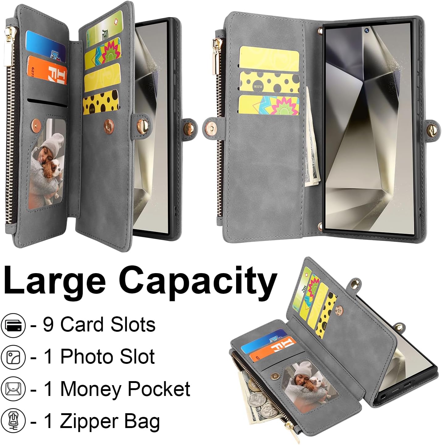 ELESNOW Wallet Samsung Galaxy S24 Ultra Case for Women Men, PU Leather with Card Holder [RFID Blocking] Wrist Strap Crossbody Zipper Stand Magnetic Flip Phone Case Cover for Samsung S24 Ultra, Gray