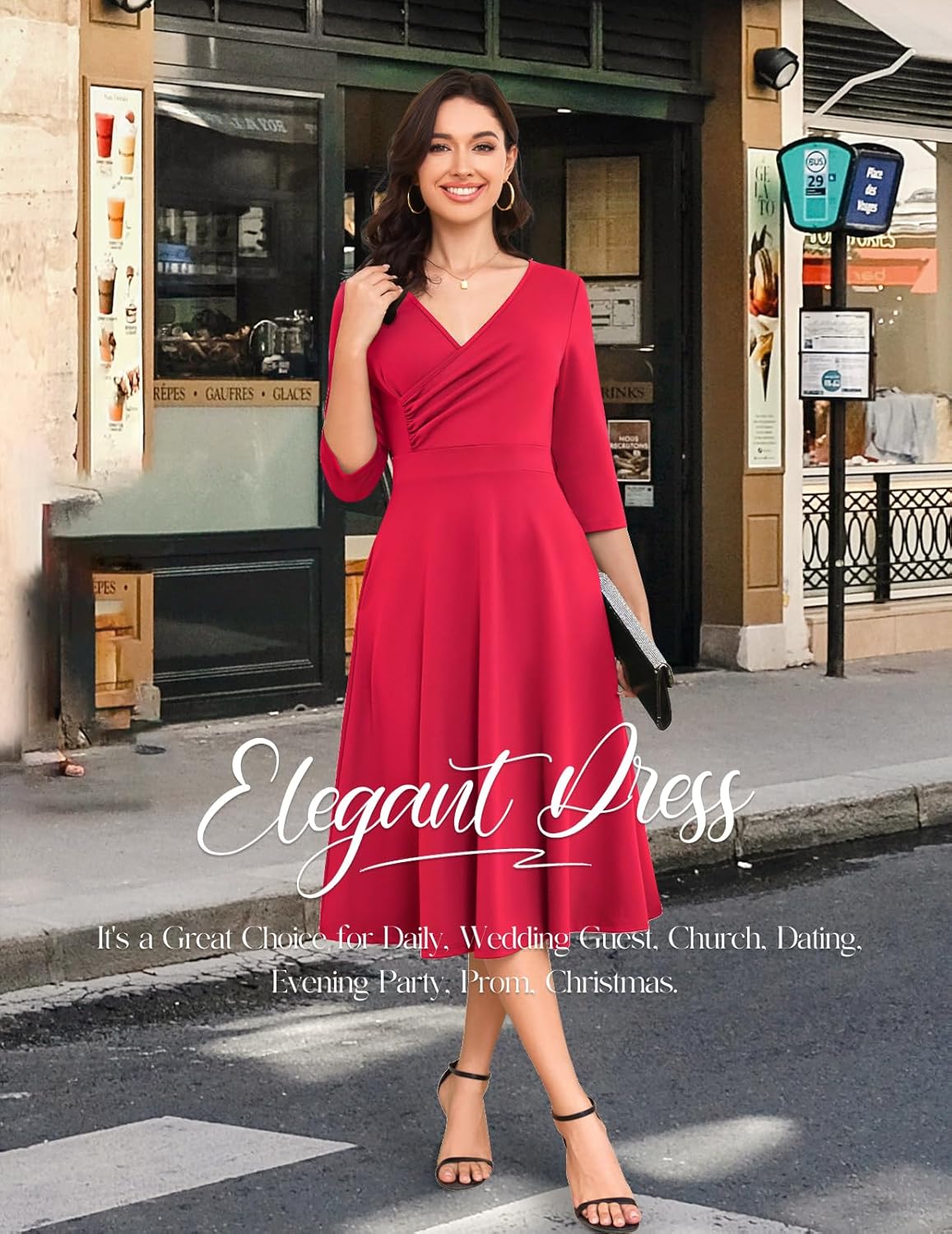 Bbonlinedress Cocktail Dress Formal Wedding Guest 3/4 Sleeve Christmas Dress Church A-Line V-Neck Swing Midi Tea Dress - Image 3