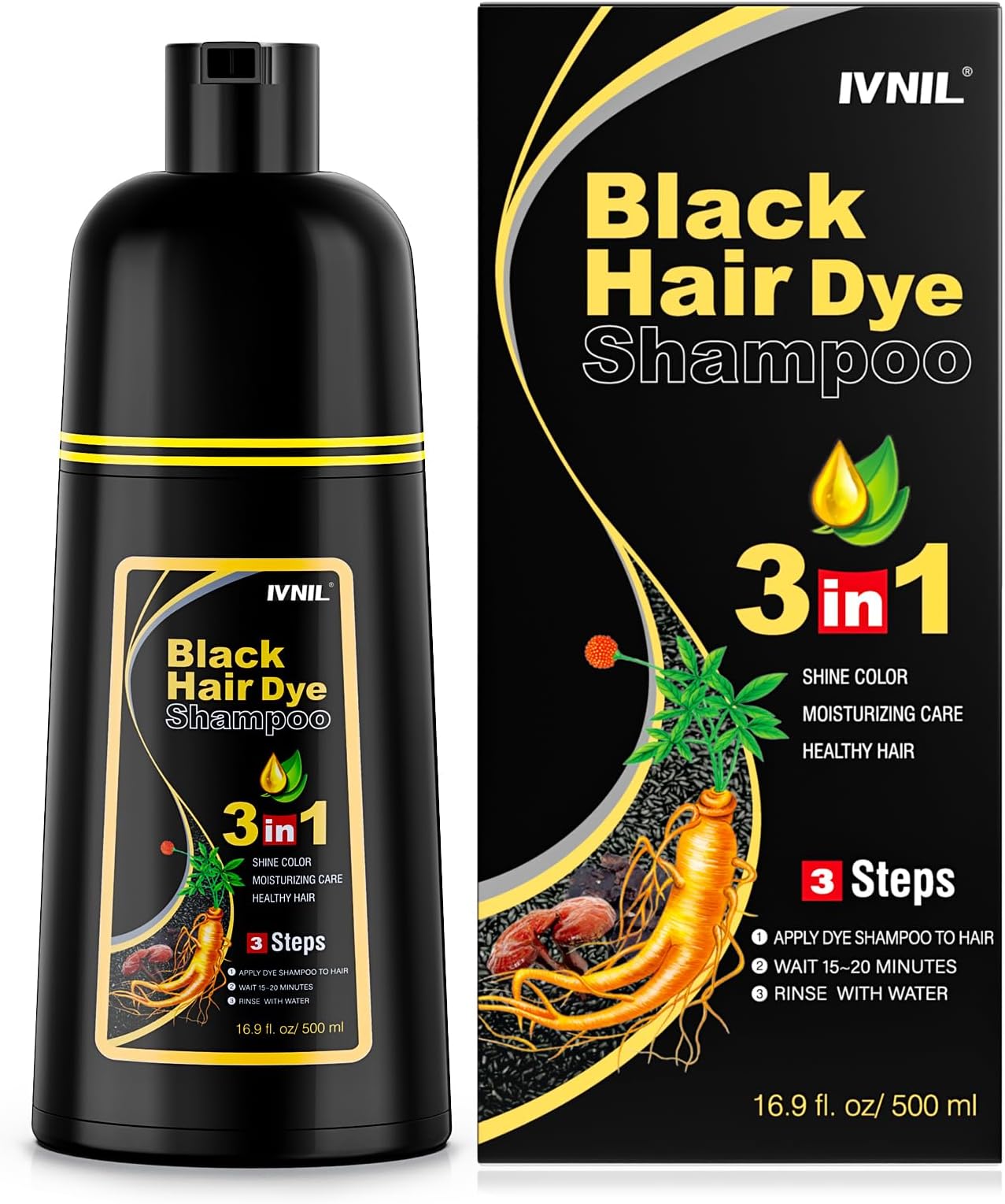 Ivnil Black Hair Dye Shampoo 3 in 1 Champu Para Canas Mujer Gray Hair Coverage for Women & Men Herbal Natural Plant Hair Color Shampoo