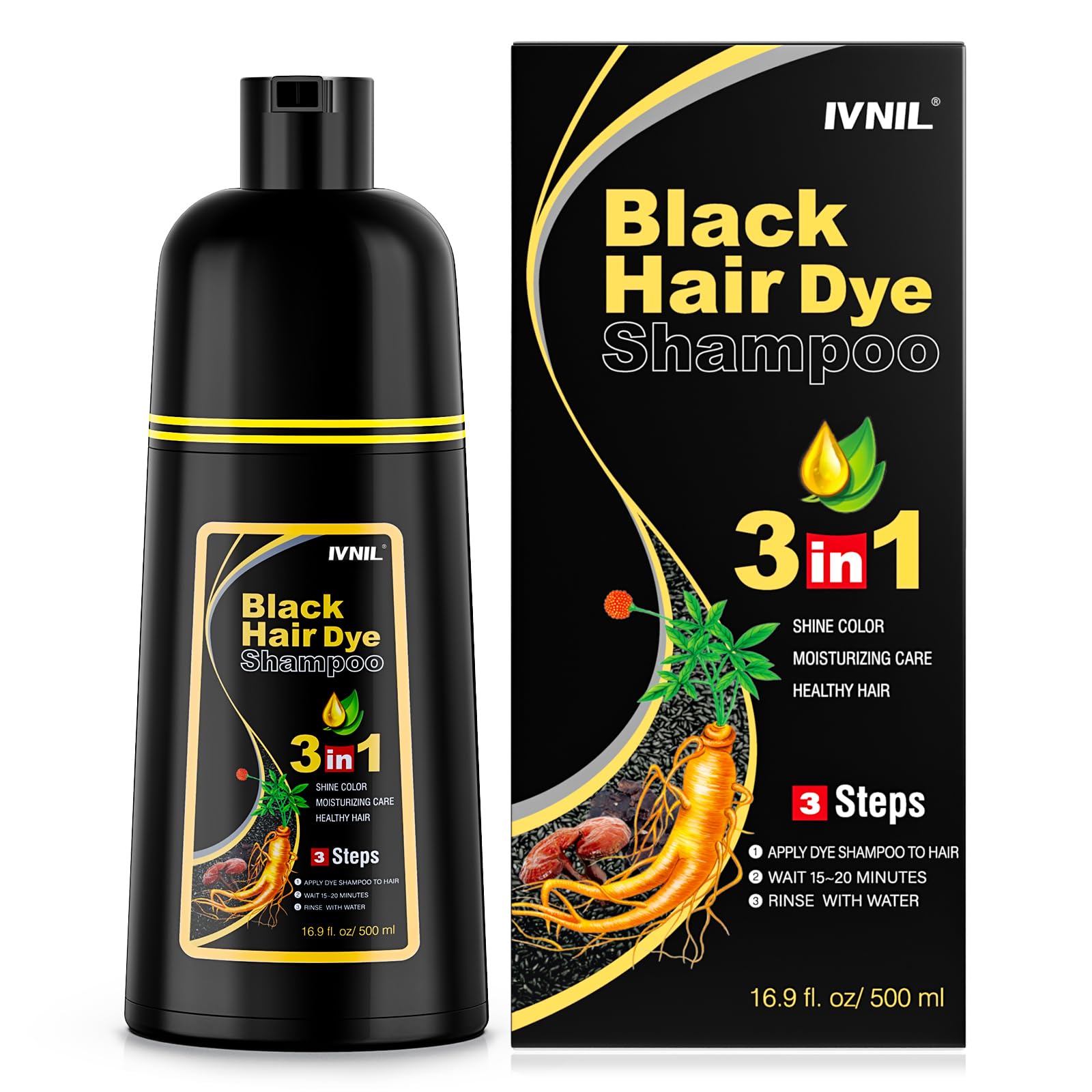 Ivnil Black Hair Dye Shampoo 3 in 1 Color Shampoo for Women & Men for Gray Hair Coverage for Instant Champu Para CanasIvnil Black Hair Dye Shampoo 3 in 1 Color Sha…