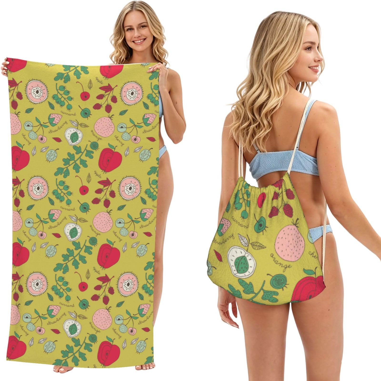 ESNAIUVCD Summer Fruit Print Beach Towel For Adults,Towel With Drawstring Bag, Travel Pool Swimming Sports Shower Sand Free Quick Dry Bath Towel For Pool, Beach, Yoga- 180x60cm