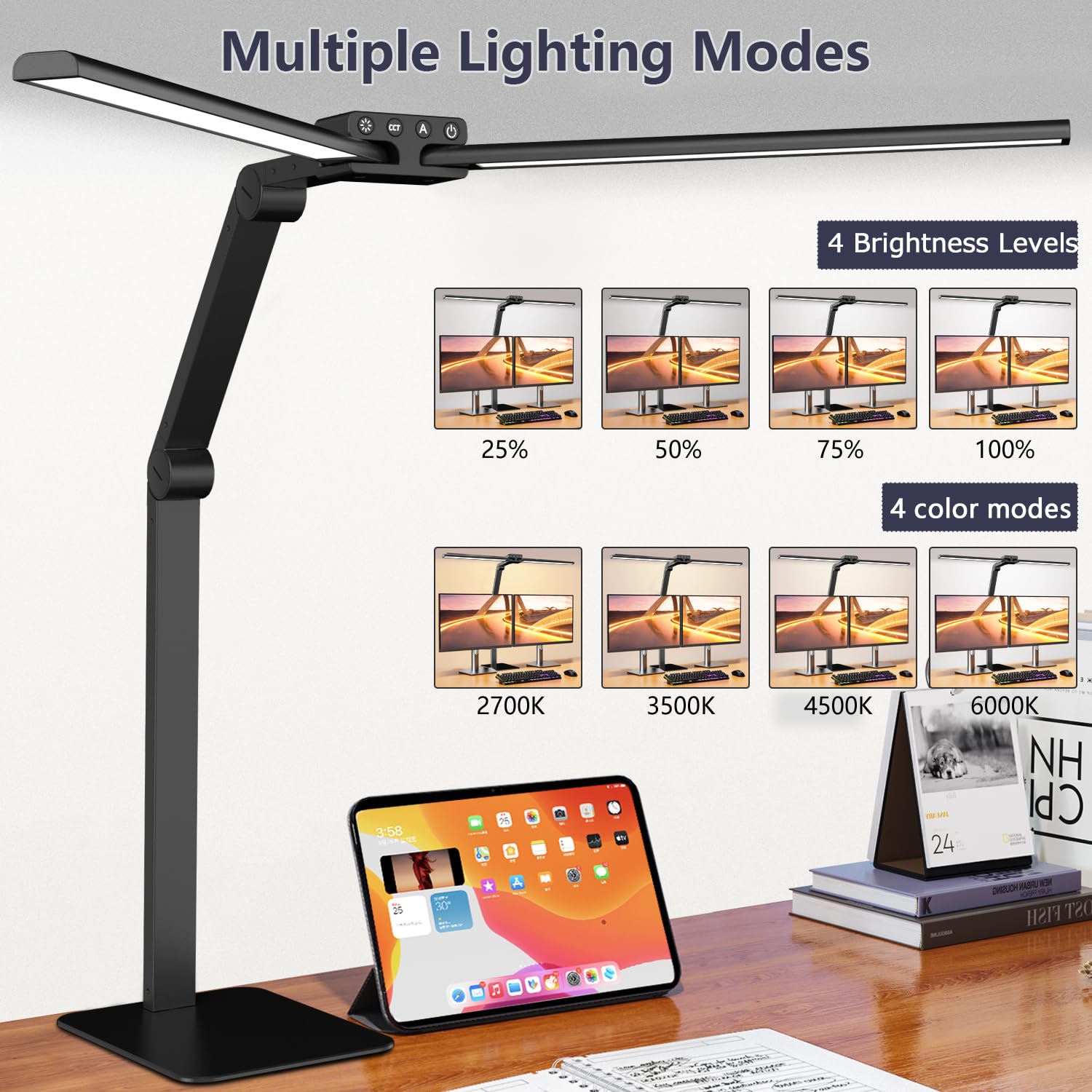 KableRika 24W Lampe de Bureau LED 80cm Double Tête, Métal Base, Réglage Intensité, Protection des Yeux, Noir