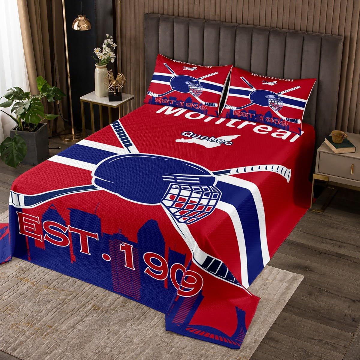 Erosebridal Twin Quilt Set for Ice Hockey Fan Teen Boys Ice Hockey Quilt Set for Youth,Hockey Coverlet Set,Blue Red Bedspread Set,Ice Hockey Player Bed Cover with 1 Pillowcase(Montreal)