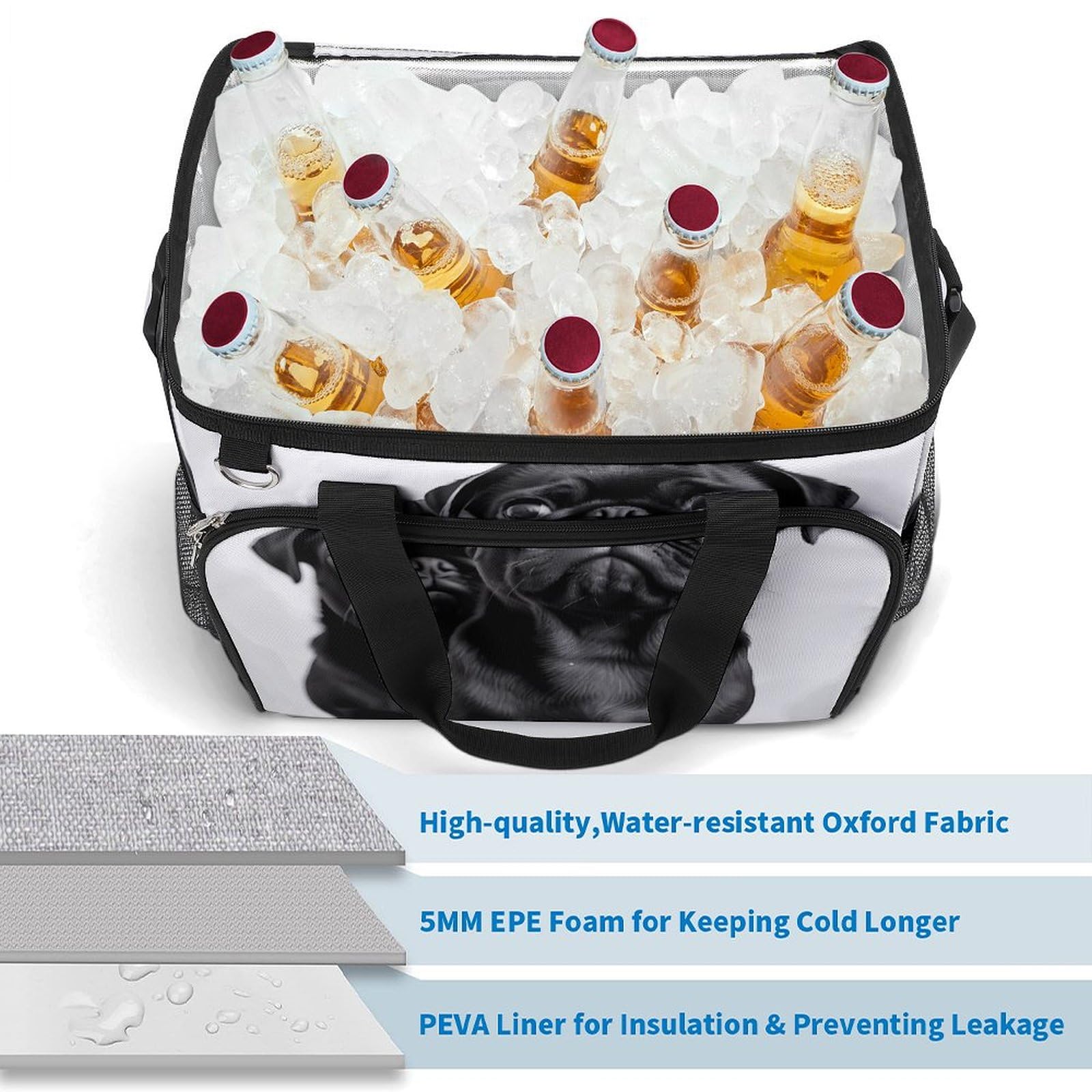 Camping Cooler Bag, Carino Nero Pug Dog Print Viaggio Picnic Bag Grande Capacità Cooler Bag Portatile Cooler Bag Multiuso Cooler, stile